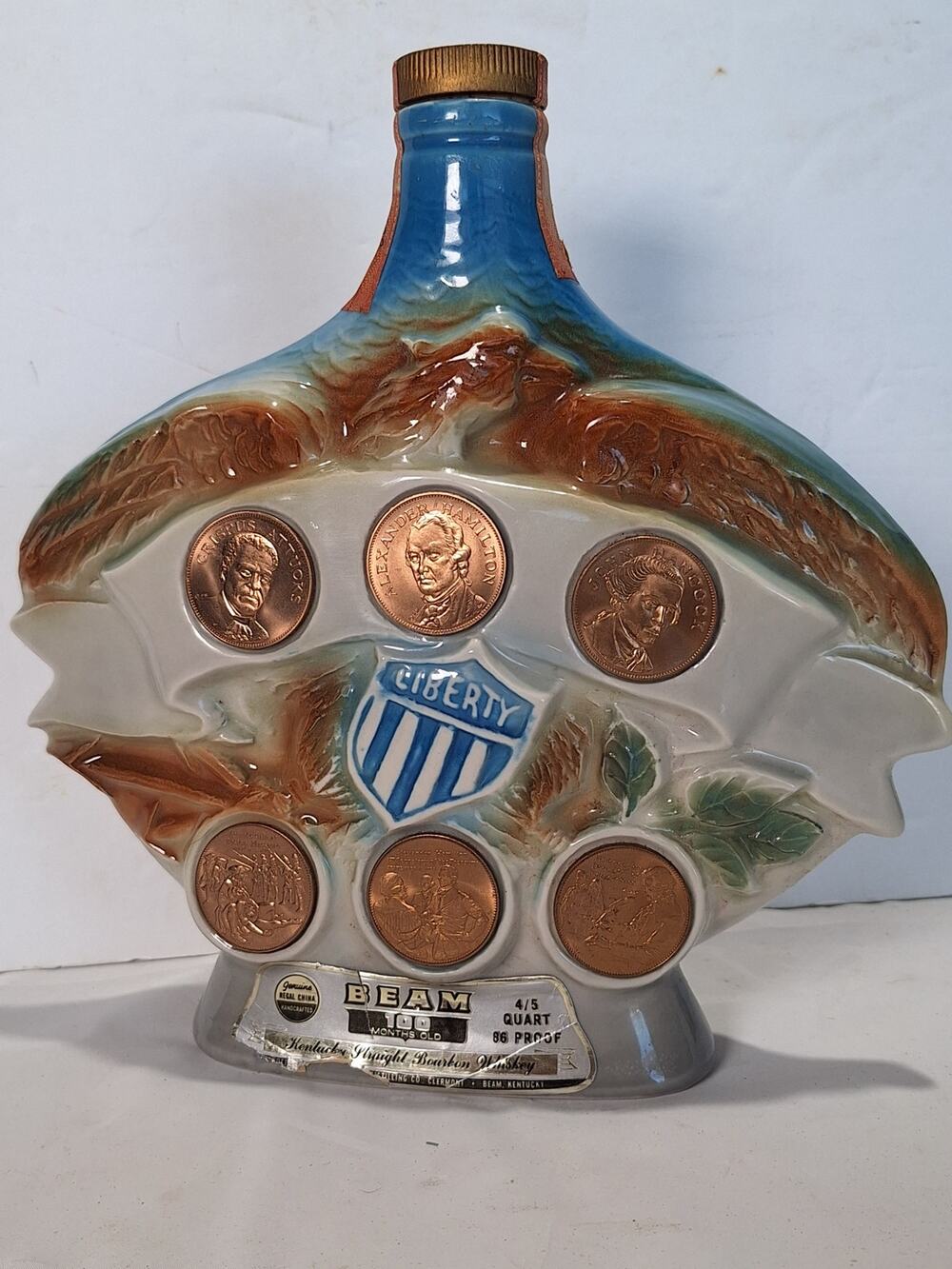 1970 Jim Beam Liberty Bell Regal China Decanter Revolutionary Medallions Empty